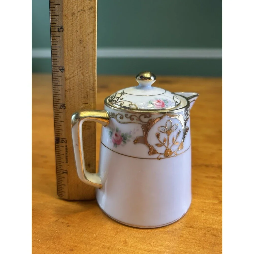 Nippon Hand Painted Porcelain Floral & Gold Gilt Syrup Pitcher‎ with Lid